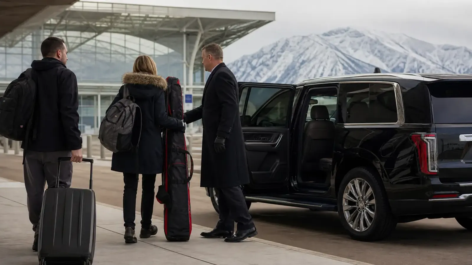 Chauffeur opening a black SUV for ski travelers at an airport pickup curb