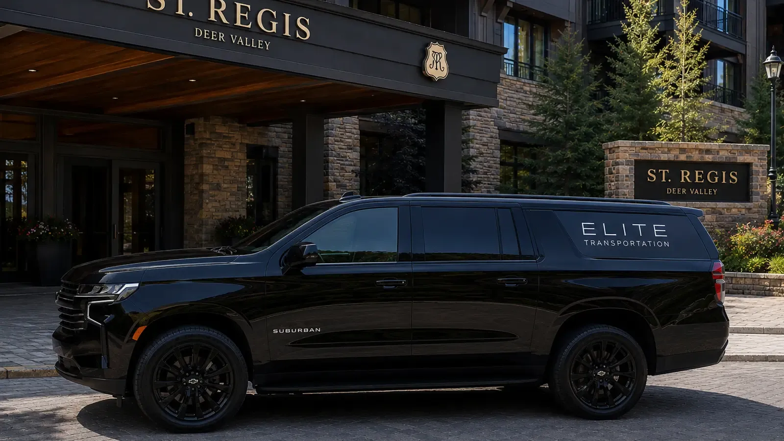 Black private SUV outside the St. Regis Deer Valley resort entrance