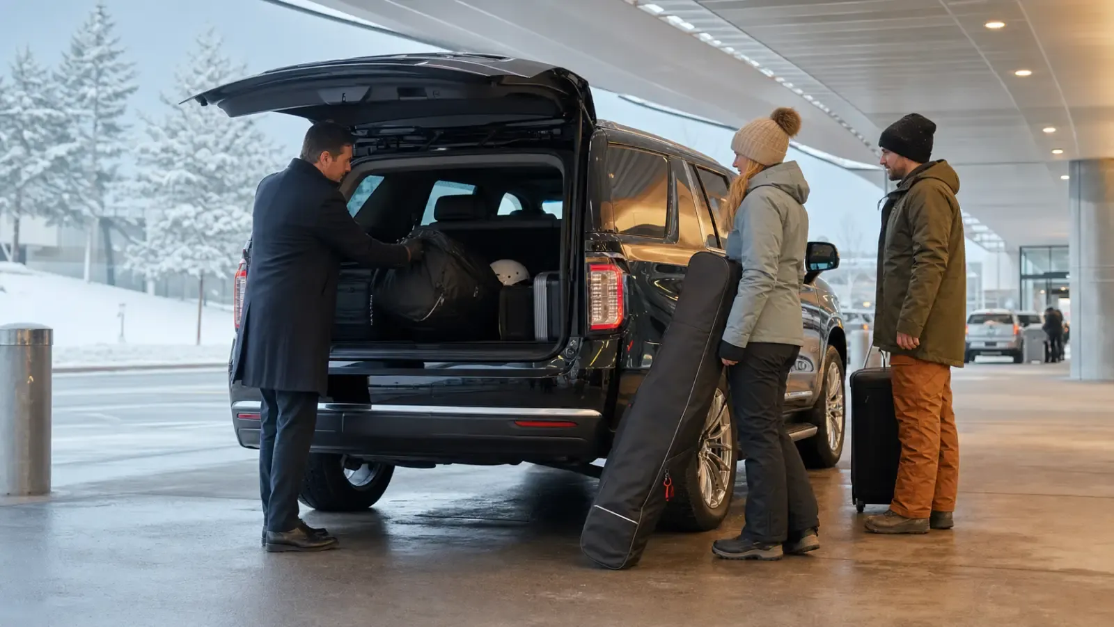 Professional driver loading ski equipment and luggage into a private SUV at an airport curb