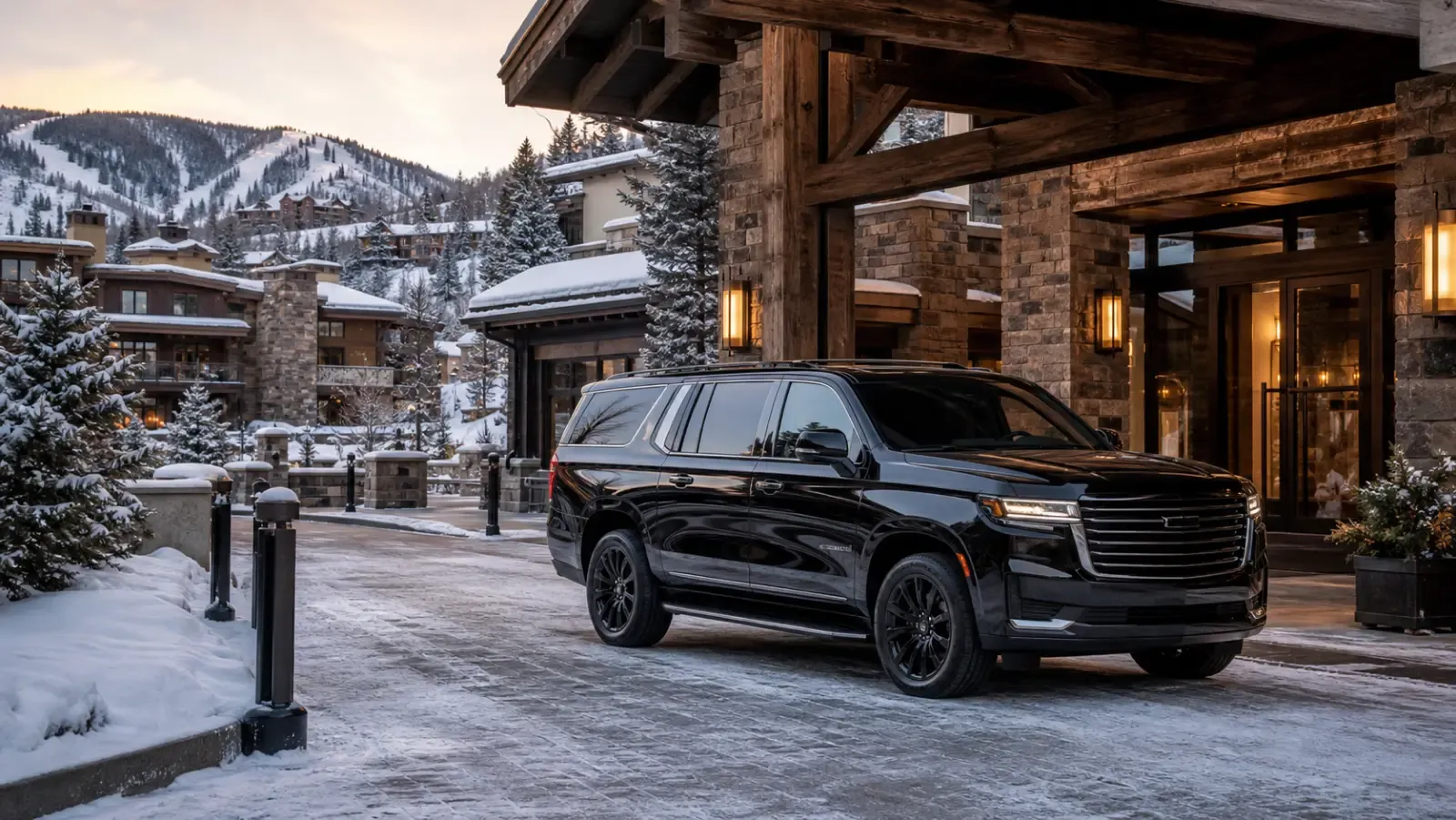 Private black SUV at a snowy Park City mountain resort entrance